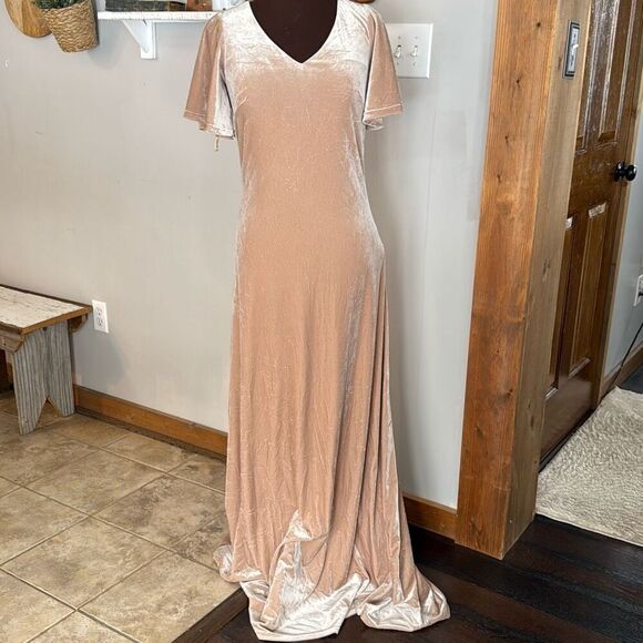Revelry Dresses & Skirts - Revelry velvet bridesmaid dress size small champagne v neck flutter sleeve long